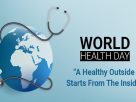 Mental health definition Healthy lifestyle concept with fresh fruits, vegetables, water bottle, fitness equipment, and a person exercising for better health and wellness.