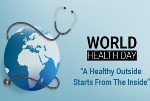 Mental health definition Healthy lifestyle concept with fresh fruits, vegetables, water bottle, fitness equipment, and a person exercising for better health and wellness.