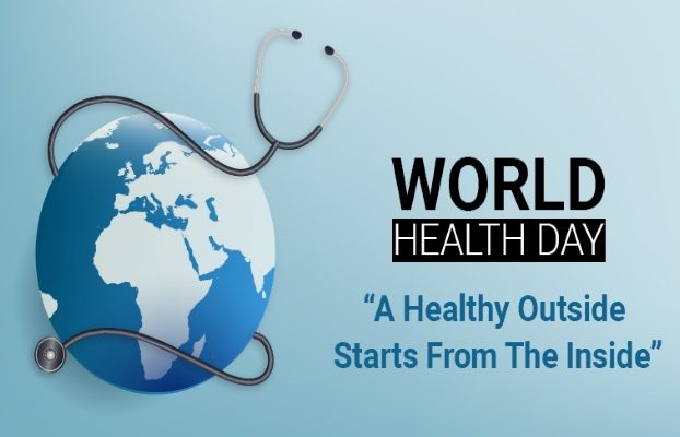 Mental health definition Healthy lifestyle concept with fresh fruits, vegetables, water bottle, fitness equipment, and a person exercising for better health and wellness.